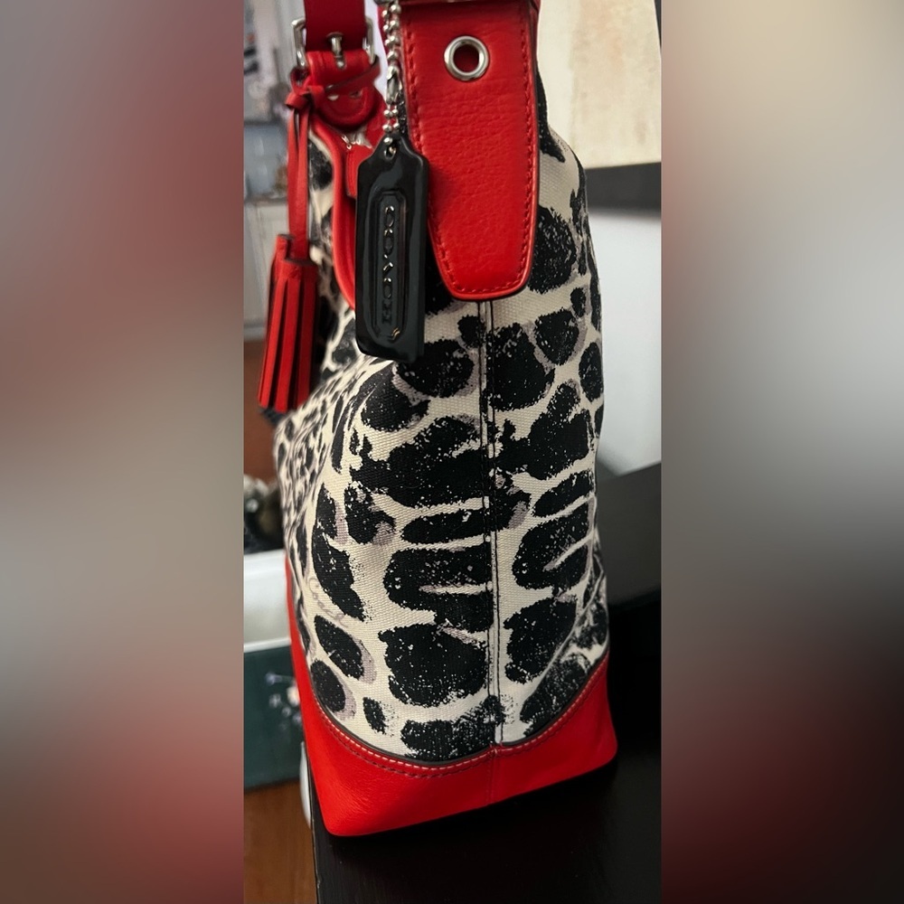 COACH Legacy Ocelot Print Hobo Black Red Multi Canvas Leather Handbag - Picture 8 of 14